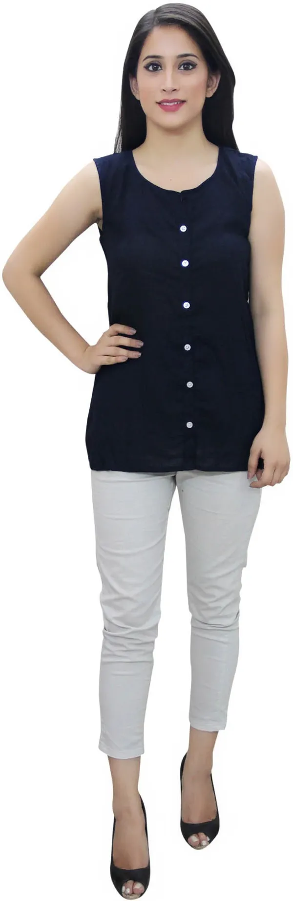 Dark_Blue_Casual_Sleeveless_Solid_Tops_For_Women