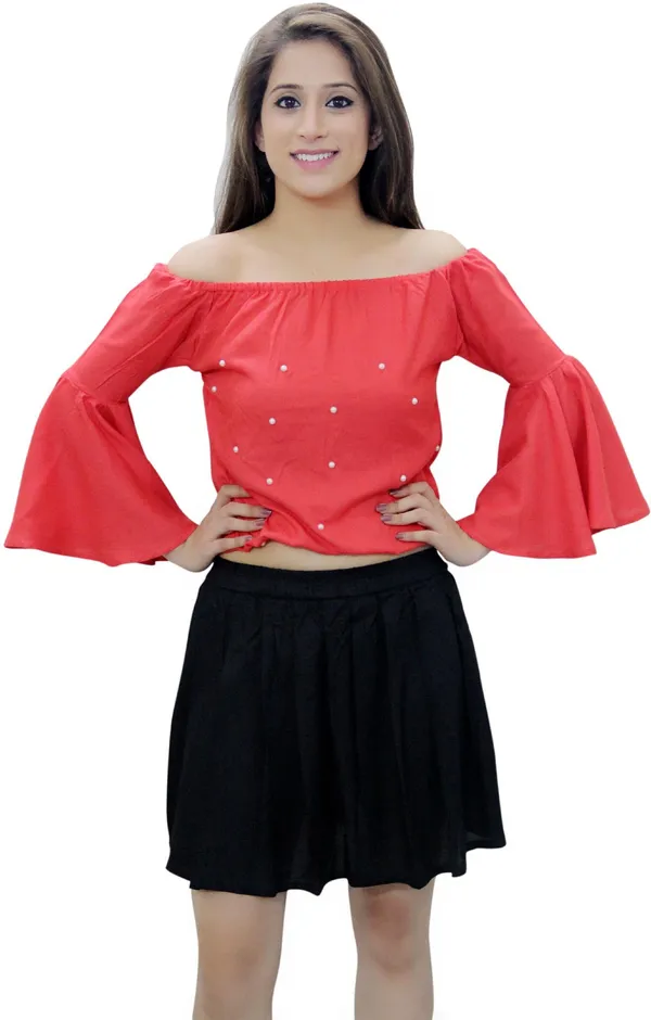 Peach_Casual_Bell_Sleeve_Solid_Tops_For_Women