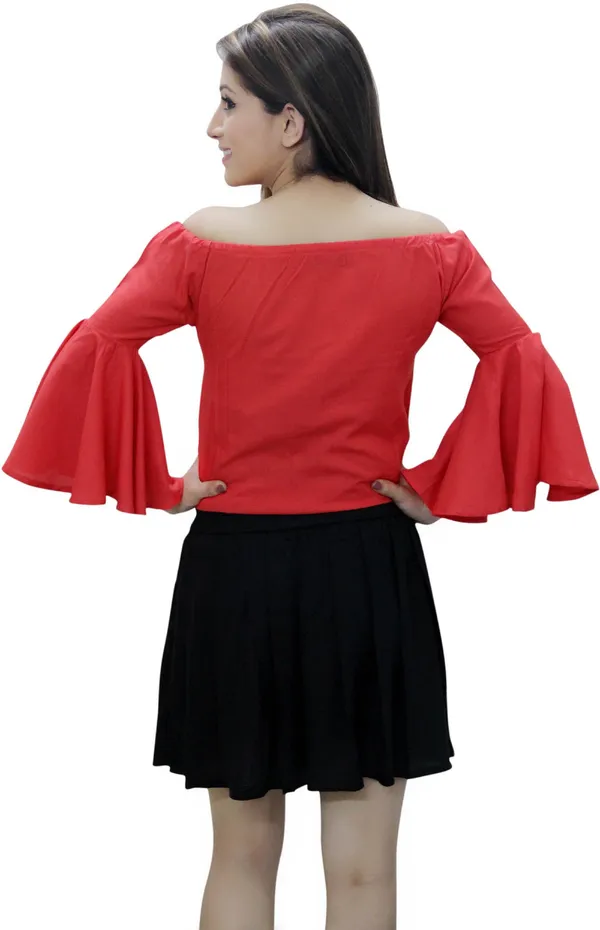 Peach_Casual_Bell_Sleeve_Solid_Tops_For_Women