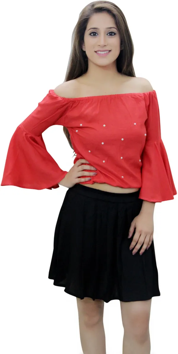 Peach_Casual_Bell_Sleeve_Solid_Tops_For_Women