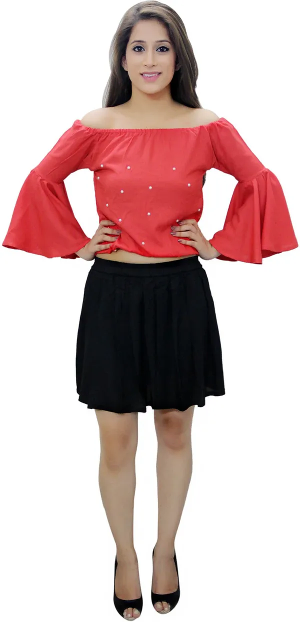 Peach_Casual_Bell_Sleeve_Solid_Tops_For_Women