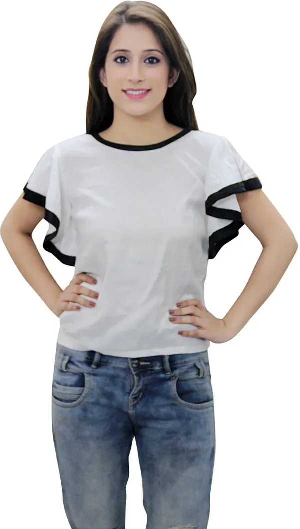 White_Casual_Bell_Sleeve_Solid_Tops_For_Women
