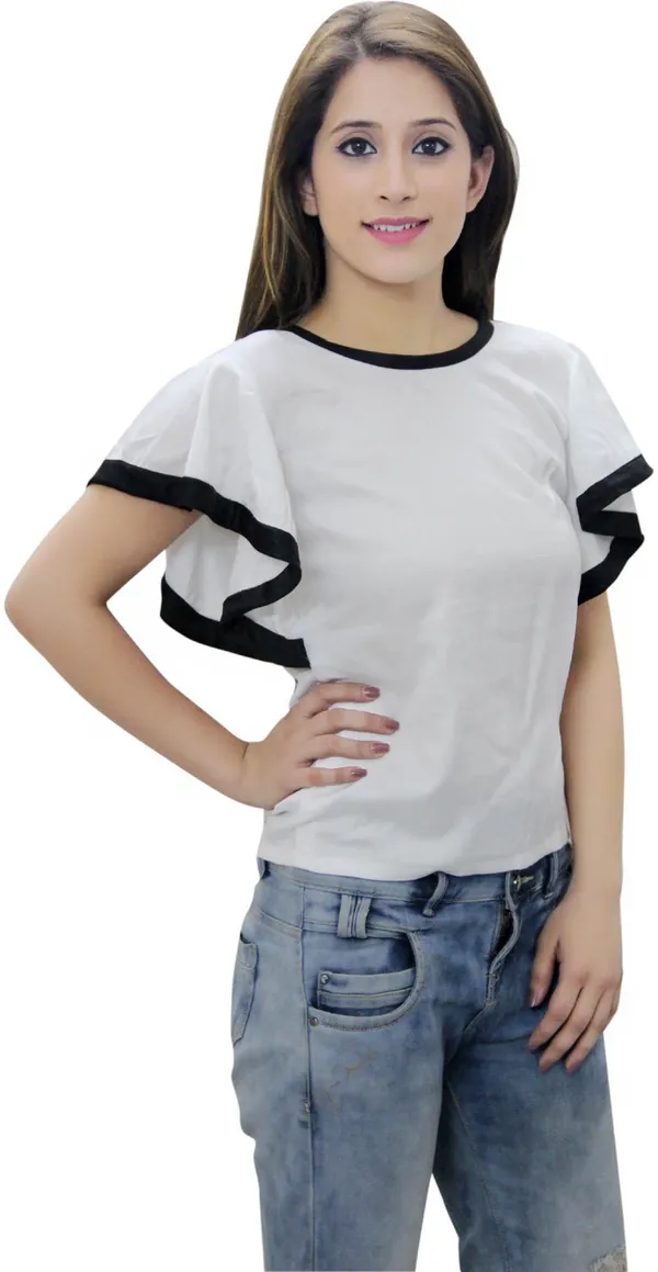 White_Casual_Bell_Sleeve_Solid_Tops_For_Women