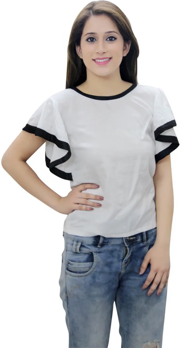White_Casual_Bell_Sleeve_Solid_Tops_For_Women