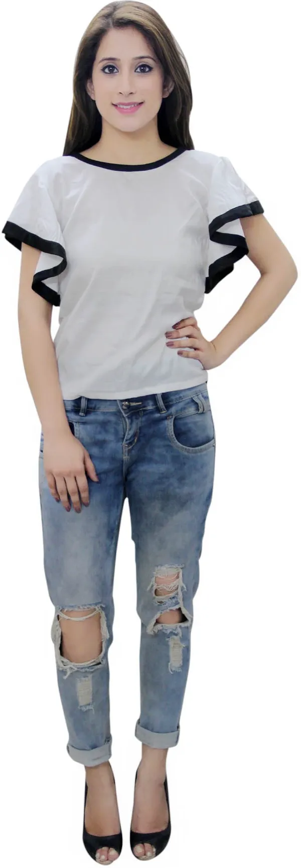 White_Casual_Bell_Sleeve_Solid_Tops_For_Women