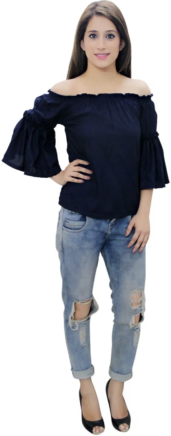 Navy_Blue_Casual_Bell_Sleeve_Solid_Tops_For_Women