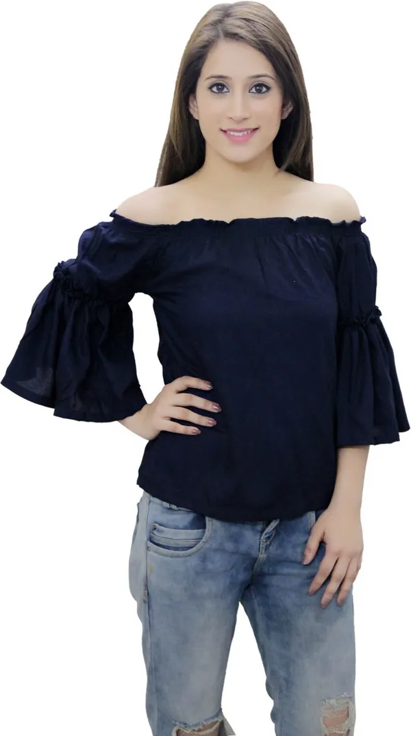 Navy_Blue_Casual_Bell_Sleeve_Solid_Tops_For_Women