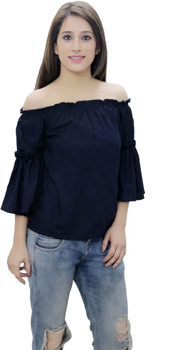 Navy_Blue_Casual_Bell_Sleeve_Solid_Tops_For_Women