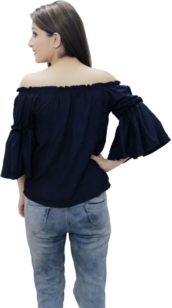 Navy_Blue_Casual_Bell_Sleeve_Solid_Tops_For_Women