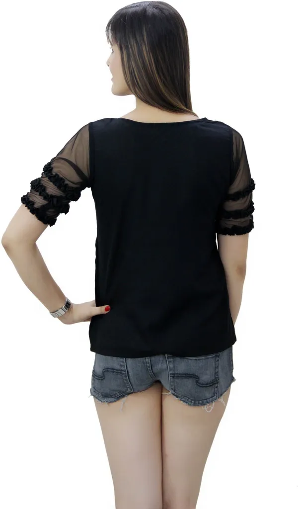 Black_Cotton_Blend_Half_Sleeve_V-Neck_Solid_Hip_Length_Regular_Top_For_Women
