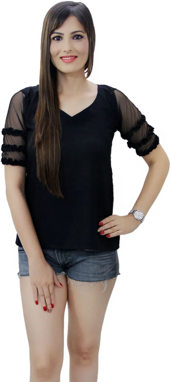 Black_Cotton_Blend_Half_Sleeve_V-Neck_Solid_Hip_Length_Regular_Top_For_Women