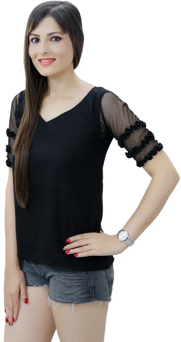Black_Cotton_Blend_Half_Sleeve_V-Neck_Solid_Hip_Length_Regular_Top_For_Women
