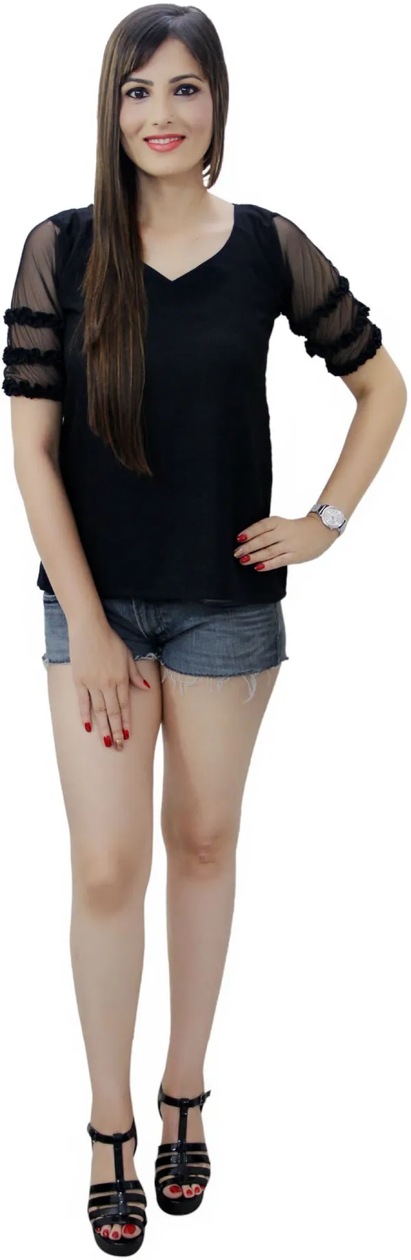 Black_Cotton_Blend_Half_Sleeve_V-Neck_Solid_Hip_Length_Regular_Top_For_Women