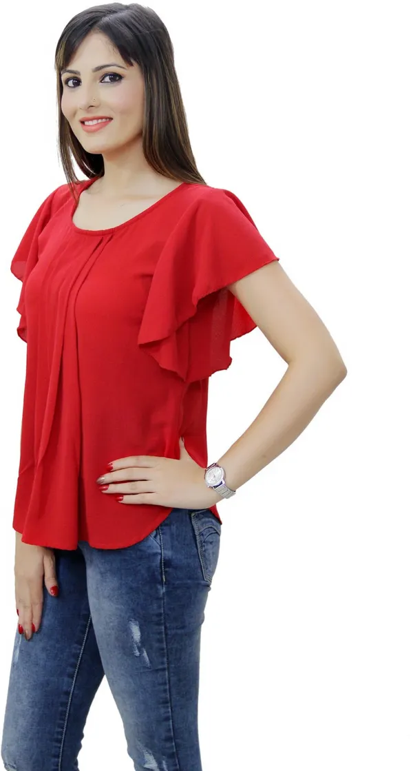 Red_Casual_Flared_Sleeve_Solid_Tops_For_Women