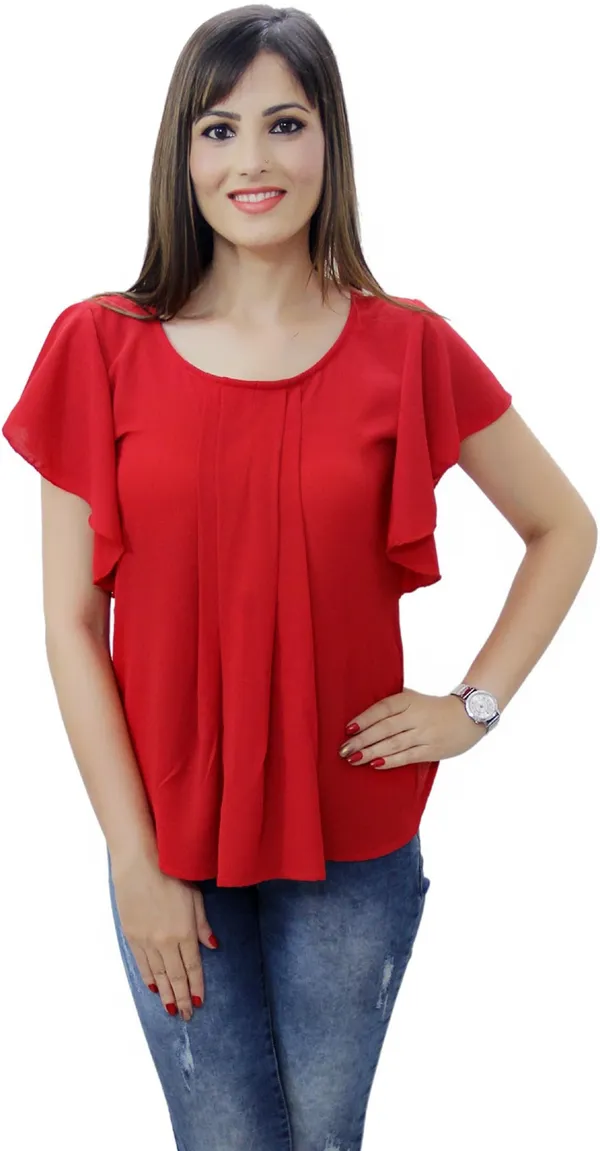 Red_Casual_Flared_Sleeve_Solid_Tops_For_Women