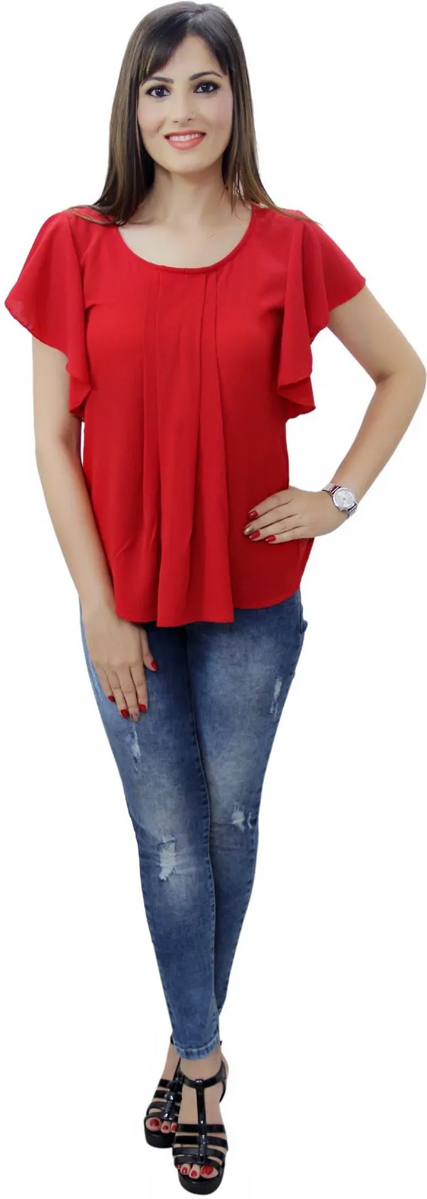 Red_Casual_Flared_Sleeve_Solid_Tops_For_Women