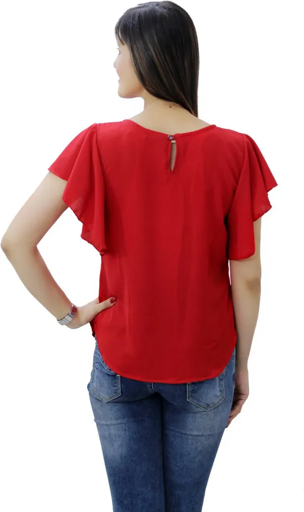 Red_Casual_Flared_Sleeve_Solid_Tops_For_Women