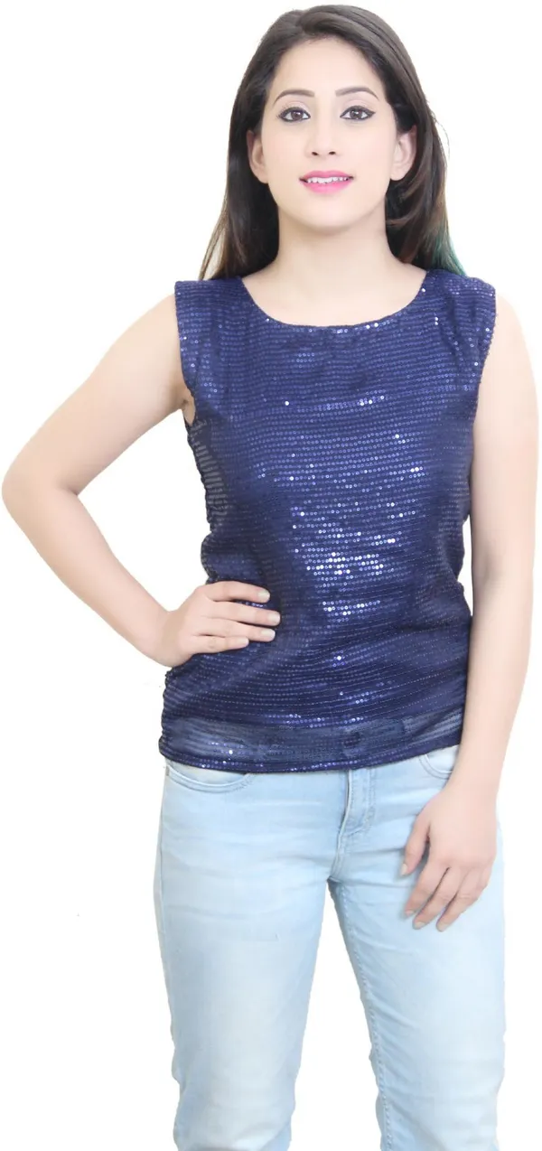 Dark_Blue_Party_Sleeveless_Embellished_Tops_For_Women