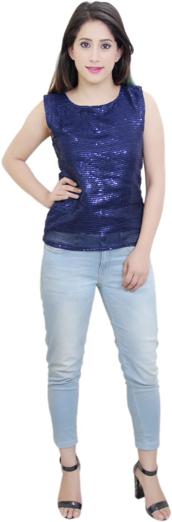 Dark_Blue_Party_Sleeveless_Embellished_Tops_For_Women