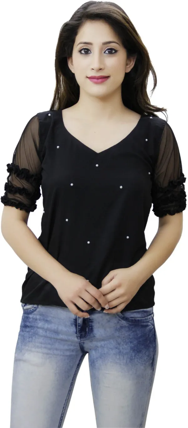 Black_Casual_Ruffled_Sleeve_Embellished_Tops_For_Women