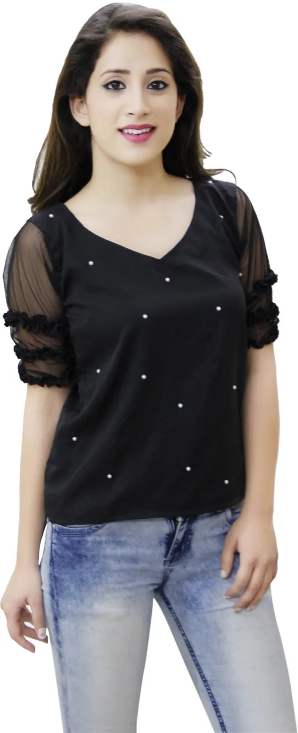 Black_Casual_Ruffled_Sleeve_Embellished_Tops_For_Women