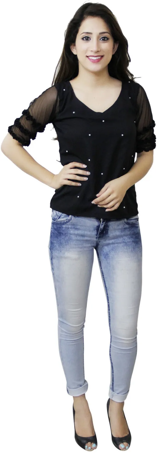 Black_Casual_Ruffled_Sleeve_Embellished_Tops_For_Women