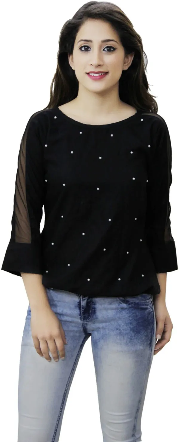 Black_Casual_Cuffed_Sleeve_Embellished_Tops_For_Women