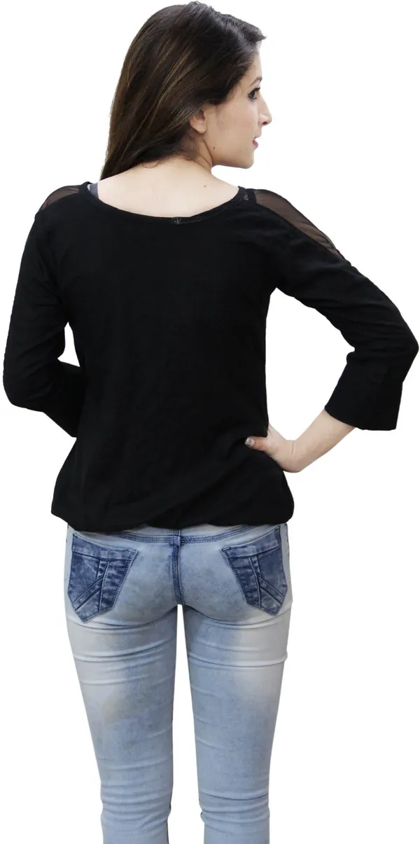 Black_Casual_Cuffed_Sleeve_Embellished_Tops_For_Women