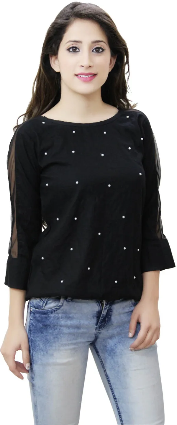Black_Casual_Cuffed_Sleeve_Embellished_Tops_For_Women