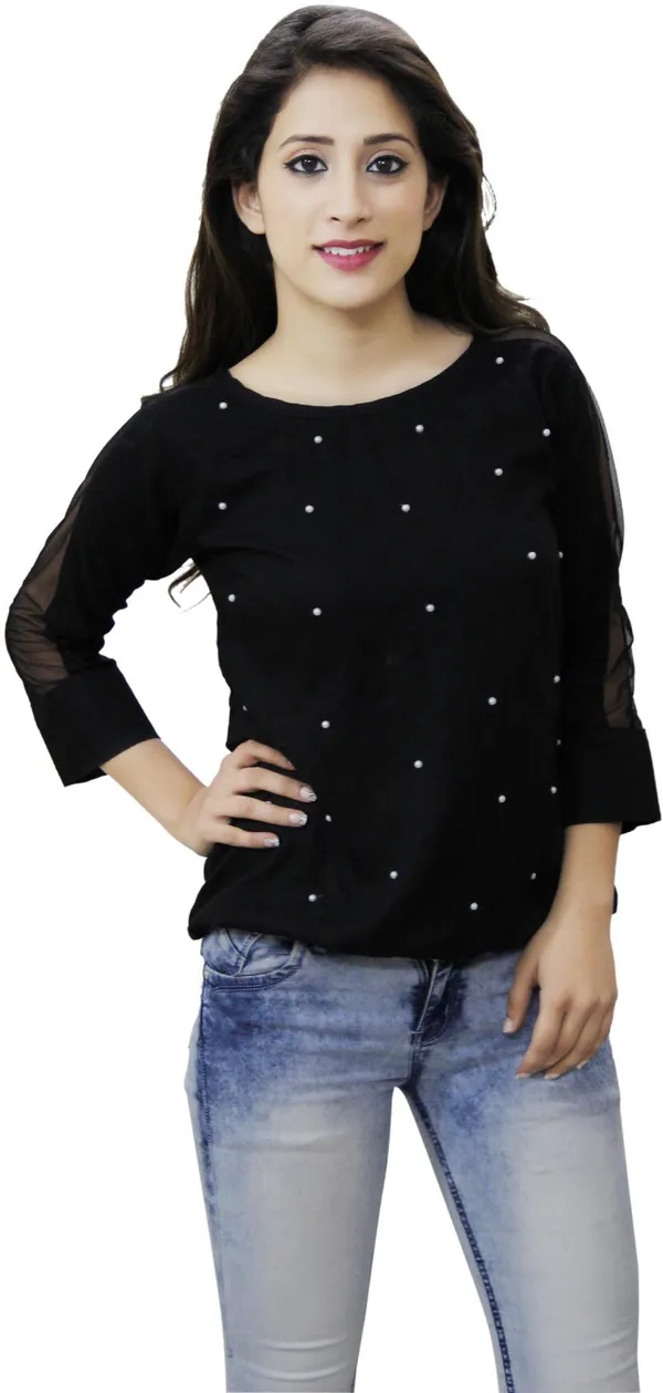 Black_Casual_Cuffed_Sleeve_Embellished_Tops_For_Women