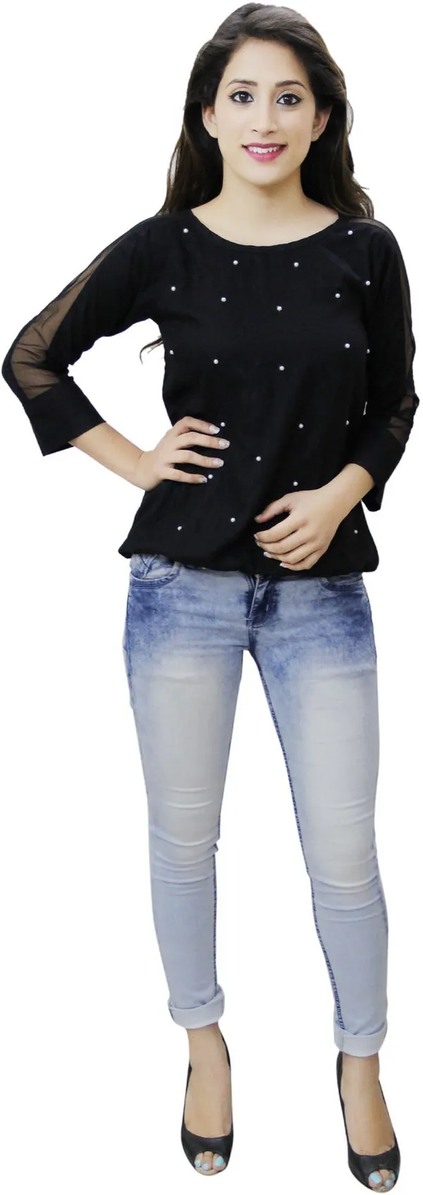 Black_Casual_Cuffed_Sleeve_Embellished_Tops_For_Women