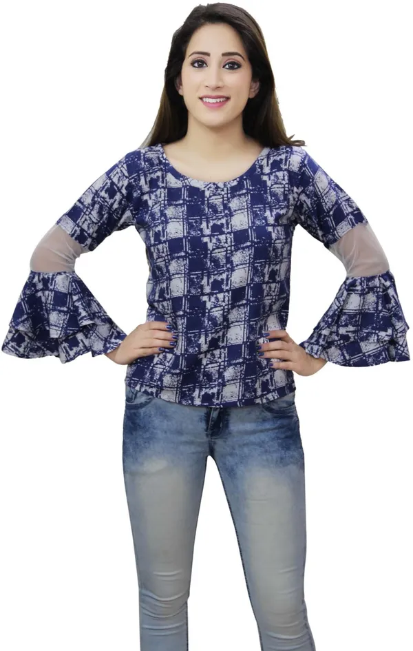 Blue_Casual_Flared_Sleeve_Printed_Tops_For_Women
