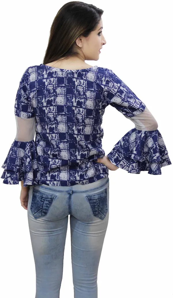 Blue_Casual_Flared_Sleeve_Printed_Tops_For_Women