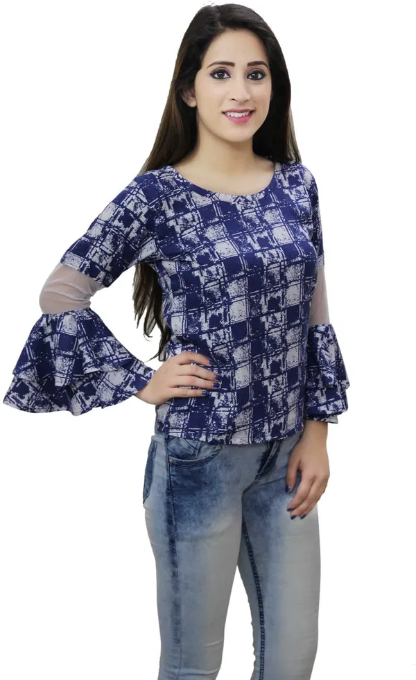 Blue_Casual_Flared_Sleeve_Printed_Tops_For_Women