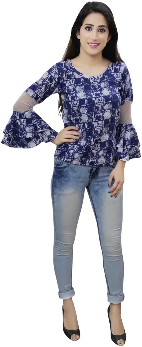 Blue_Casual_Flared_Sleeve_Printed_Tops_For_Women