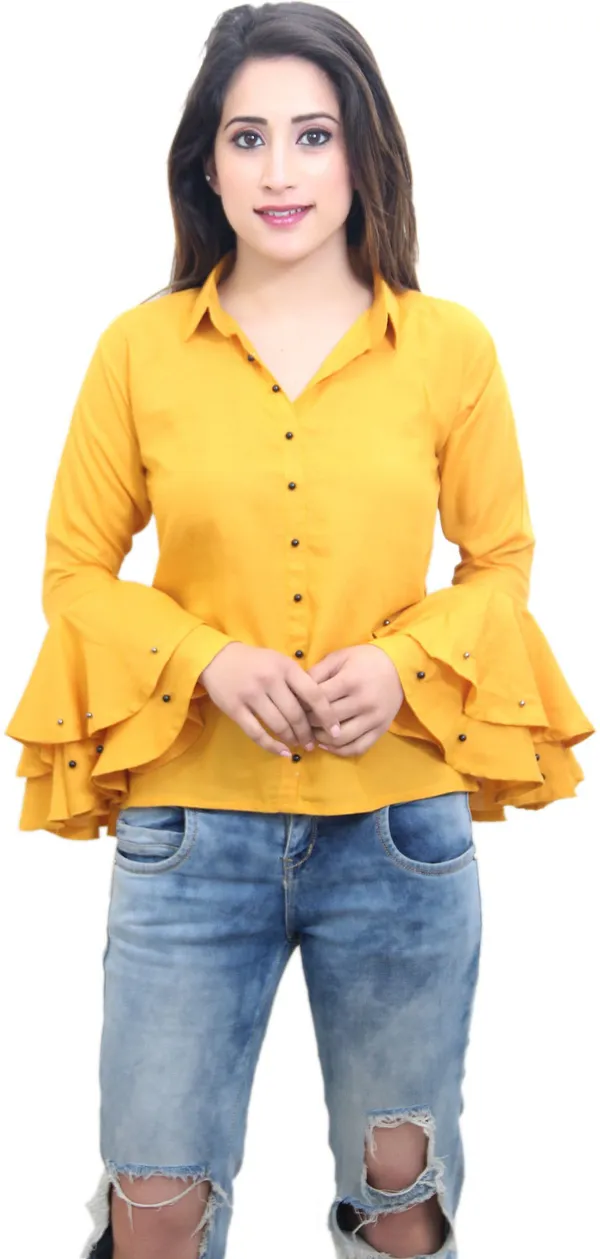Mustard_Casual_Flute_Sleeve_Solid_Tops_For_Women