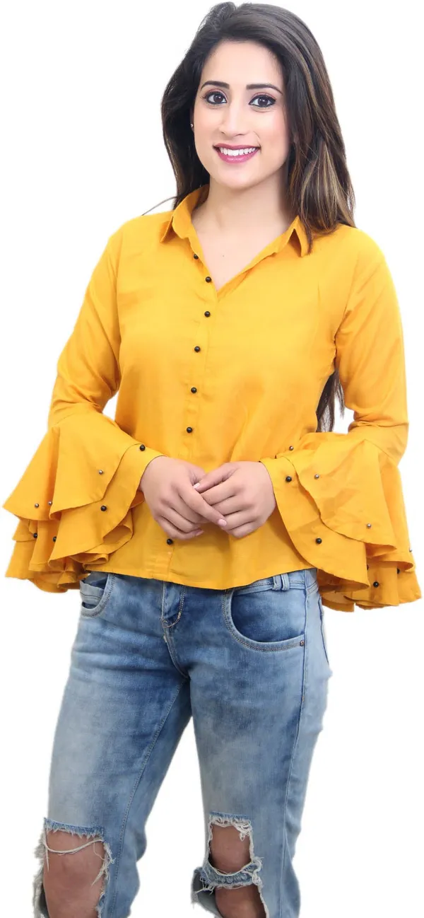 Mustard_Casual_Flute_Sleeve_Solid_Tops_For_Women