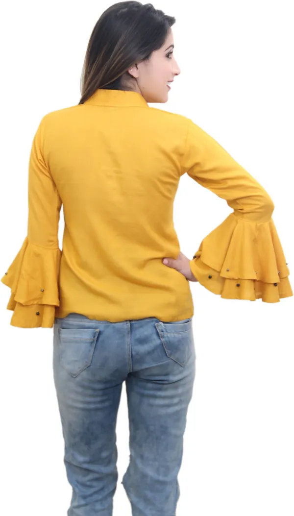 Mustard_Casual_Flute_Sleeve_Solid_Tops_For_Women