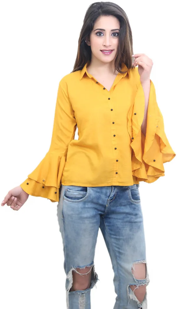 Mustard_Casual_Flute_Sleeve_Solid_Tops_For_Women