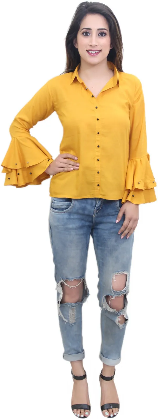 Mustard_Casual_Flute_Sleeve_Solid_Tops_For_Women