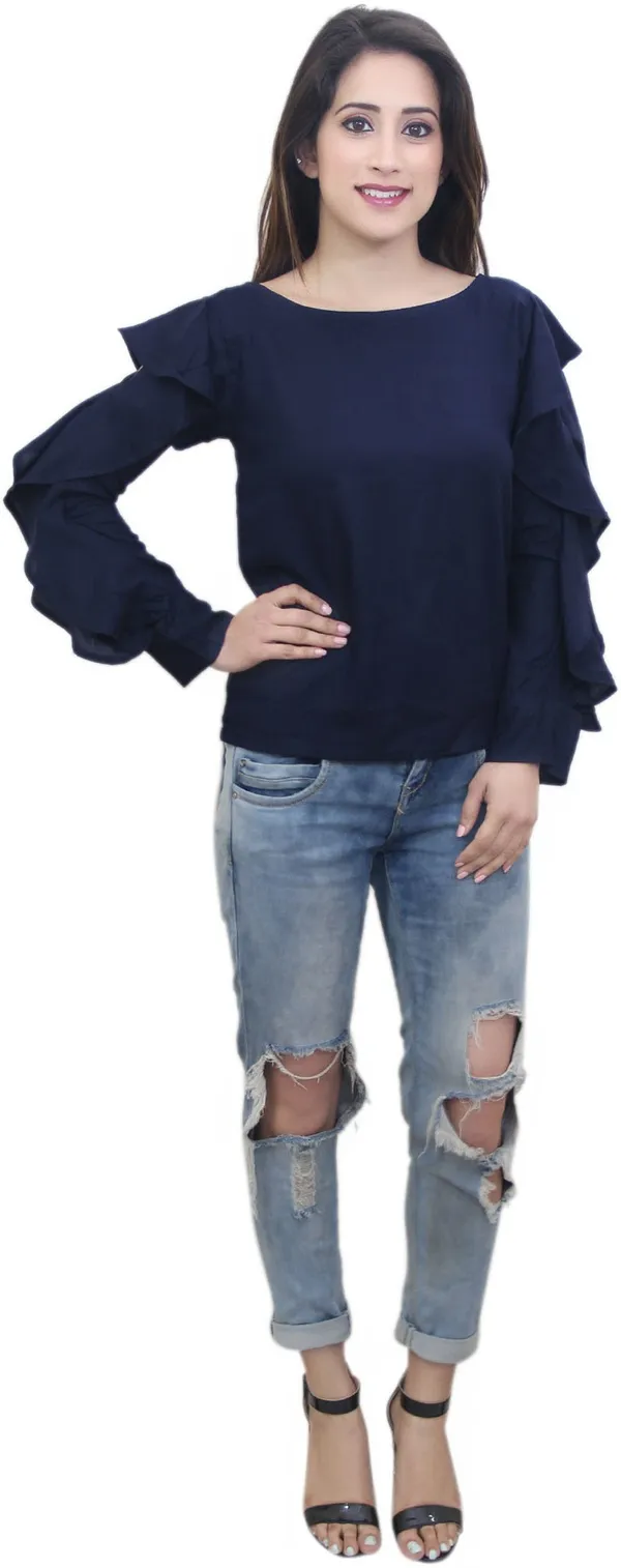 Dark_Blue_Casual_Ruffled_Sleeve_Solid_Tops_For_Women
