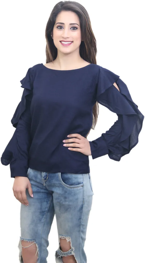 Dark_Blue_Casual_Ruffled_Sleeve_Solid_Tops_For_Women