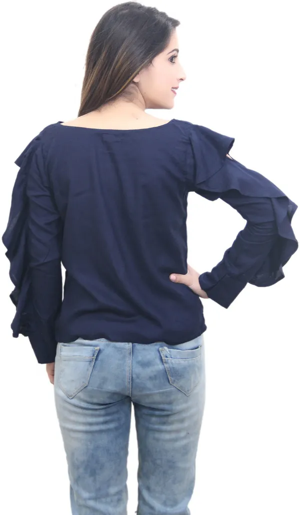 Dark_Blue_Casual_Ruffled_Sleeve_Solid_Tops_For_Women