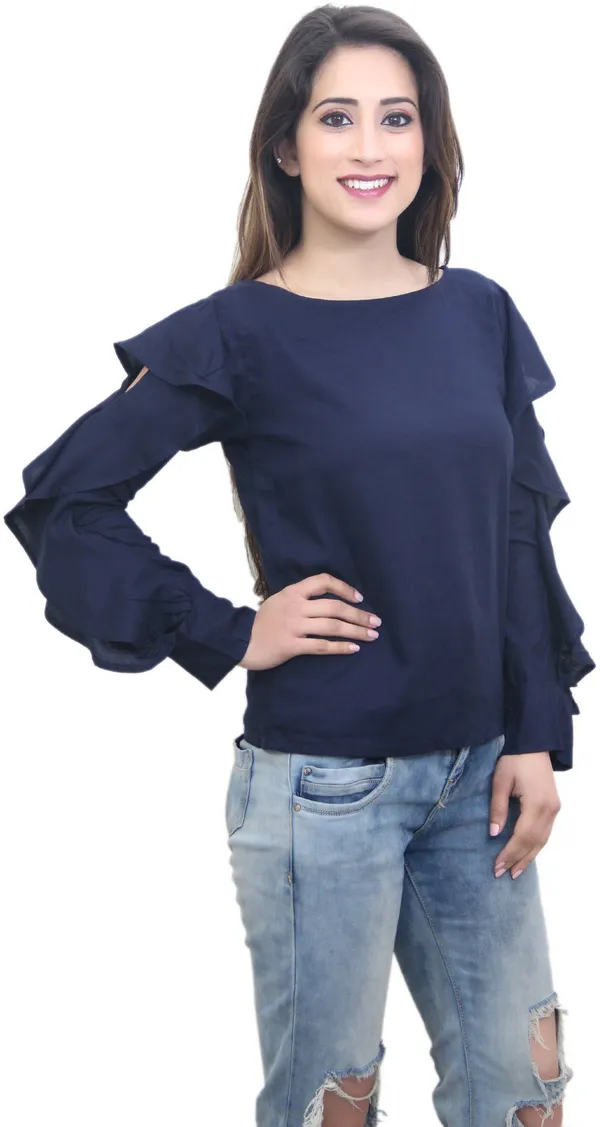 Dark_Blue_Casual_Ruffled_Sleeve_Solid_Tops_For_Women