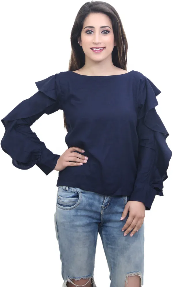 Dark_Blue_Casual_Ruffled_Sleeve_Solid_Tops_For_Women
