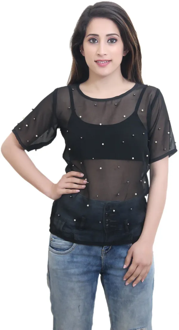 Black_Georgette_Short_Sleeve_Round_Neck_Embellished_Hip_Length_Sheer_Top_For_Women
