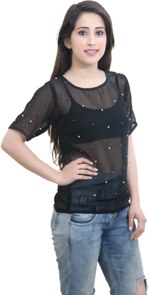 Black_Georgette_Short_Sleeve_Round_Neck_Embellished_Hip_Length_Sheer_Top_For_Women