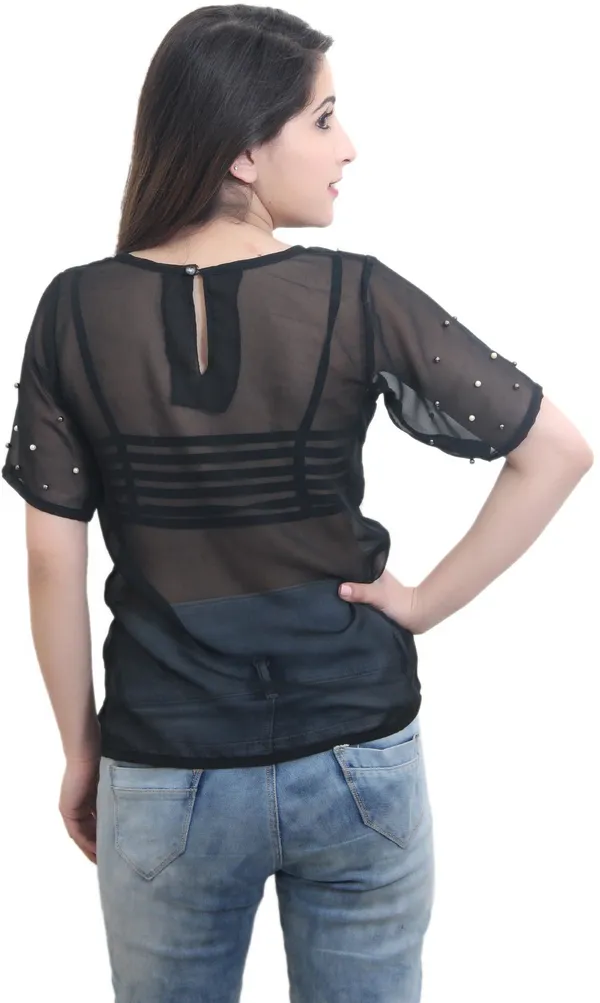 Black_Georgette_Short_Sleeve_Round_Neck_Embellished_Hip_Length_Sheer_Top_For_Women