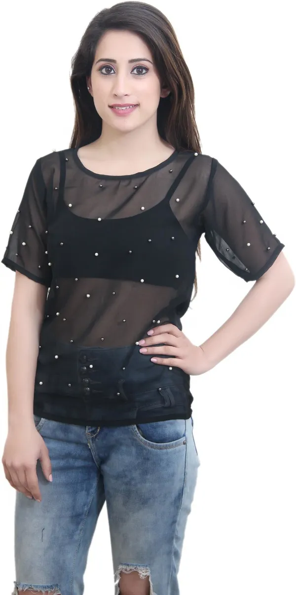 Black_Georgette_Short_Sleeve_Round_Neck_Embellished_Hip_Length_Sheer_Top_For_Women