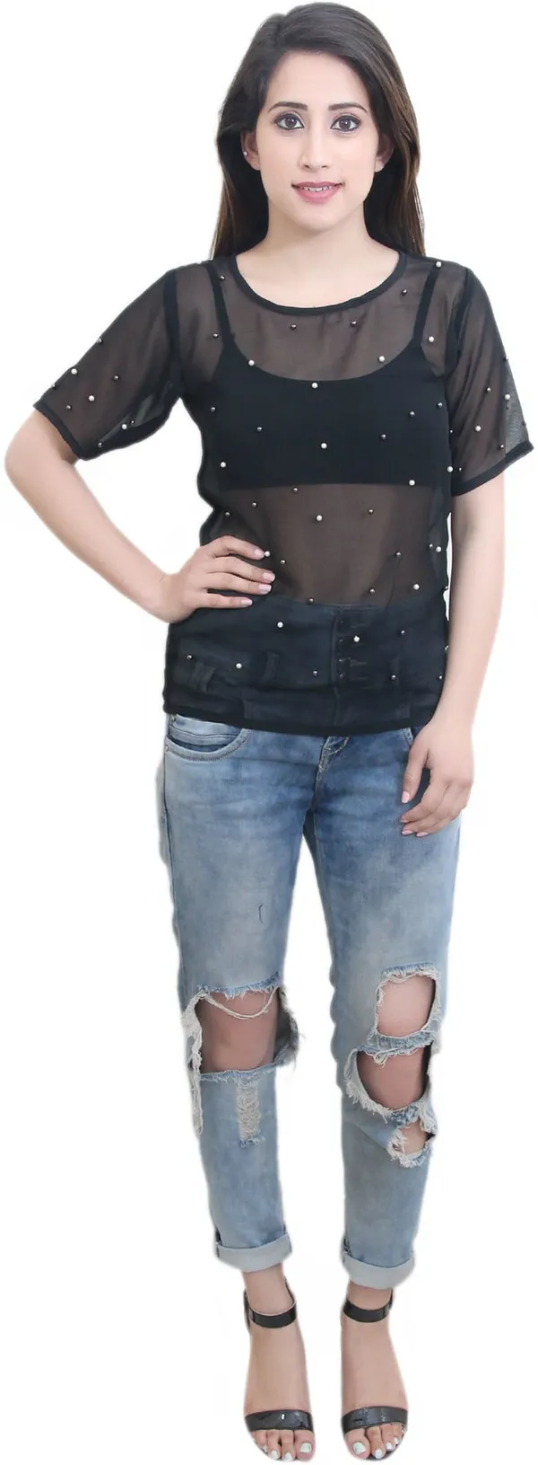 Black_Georgette_Short_Sleeve_Round_Neck_Embellished_Hip_Length_Sheer_Top_For_Women